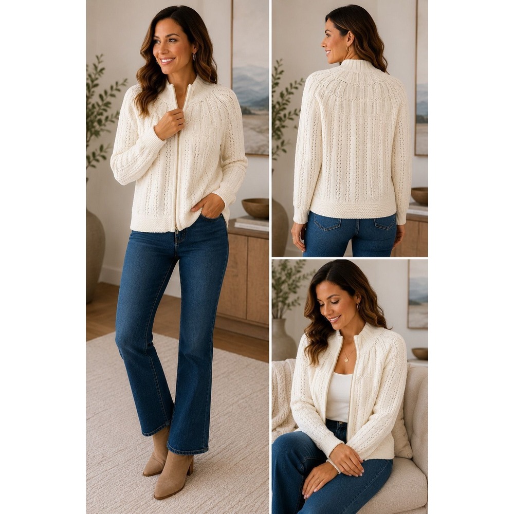 Talbots Ivory Zip Front Chunky Knit Sweater Cardigan L Cotton Blend Cozy Classic